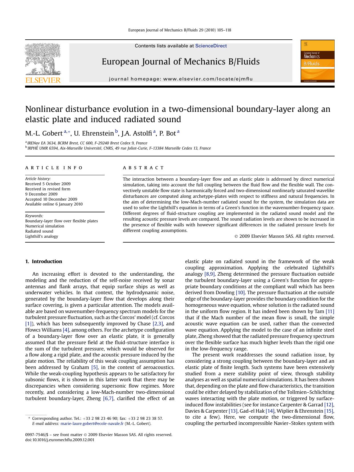 Nonlinear disturbance evolution in a two-dimensional boundary-layer along an elastic plate and induced radiated sound by M.-L. Gobert; U. Ehrenstein; J.A. Astolfi; P. Bot