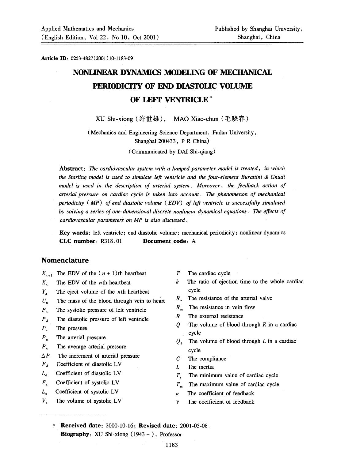 Nonlinear dynamics modeling of mechanical periodicity of end diastolic volume of left ventricle by Unknown