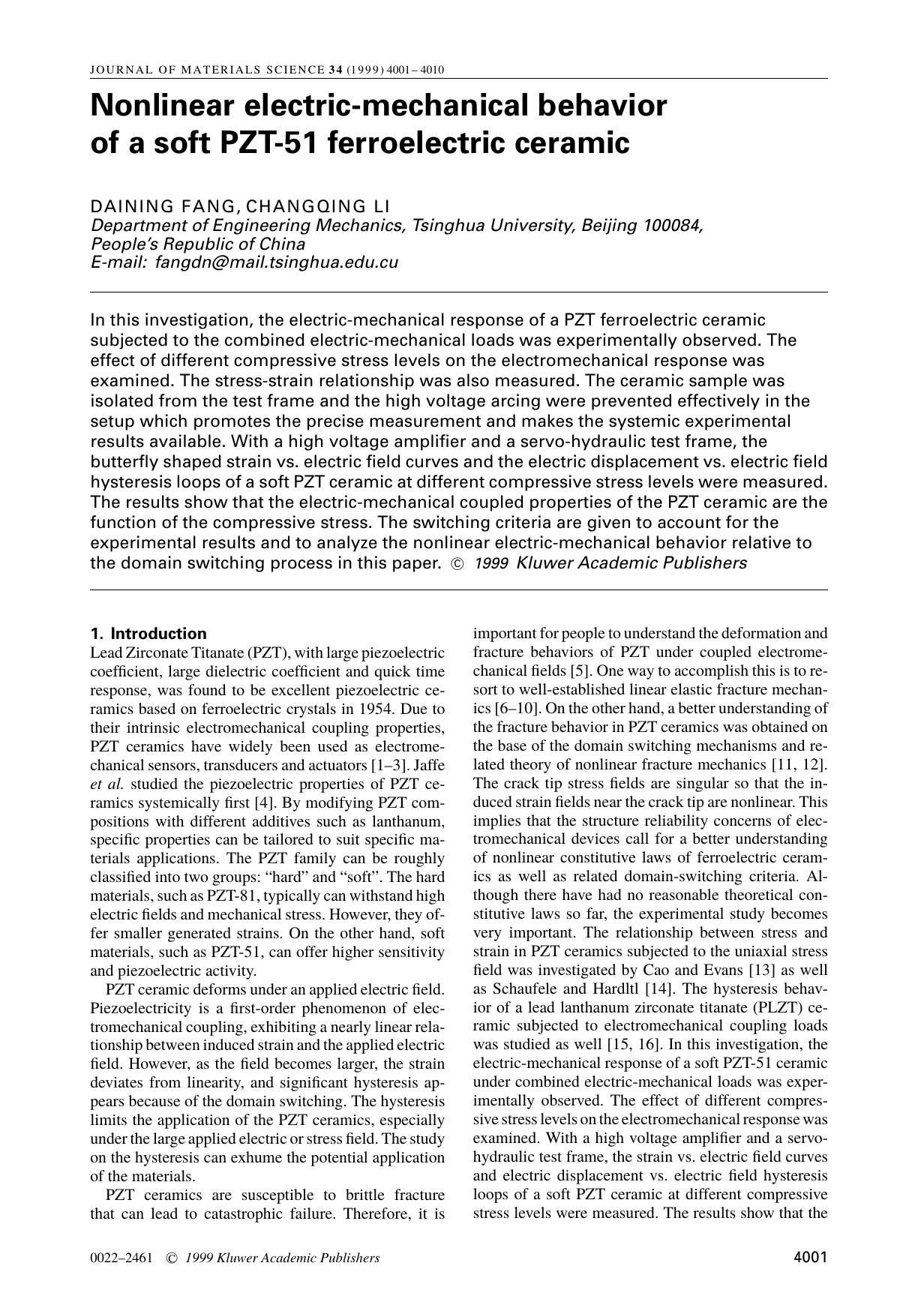 Nonlinear electric-mechanical behavior of a soft PZT-51 ferroelectric ceramic by Unknown