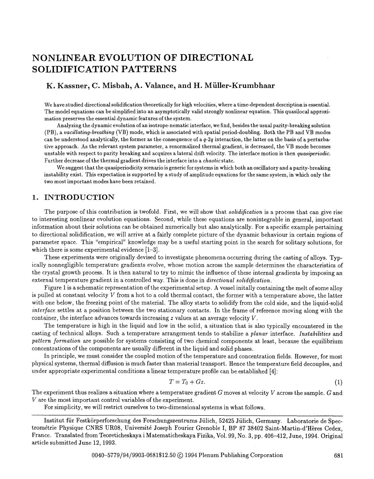 Nonlinear evolution of directional solidification patterns by Unknown