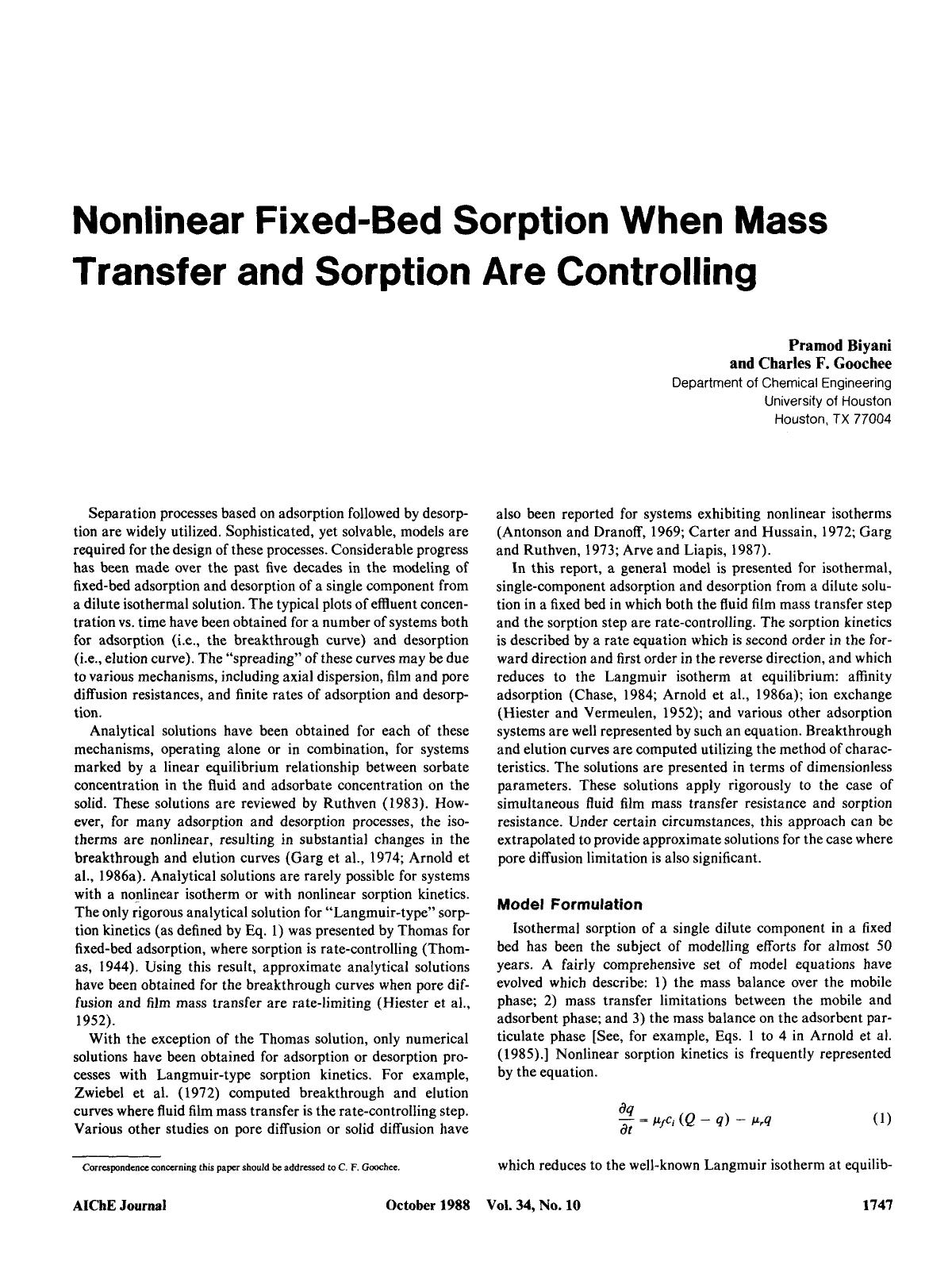 Nonlinear fixed-bed sorption when mass transfer and sorption are controlling by Unknown