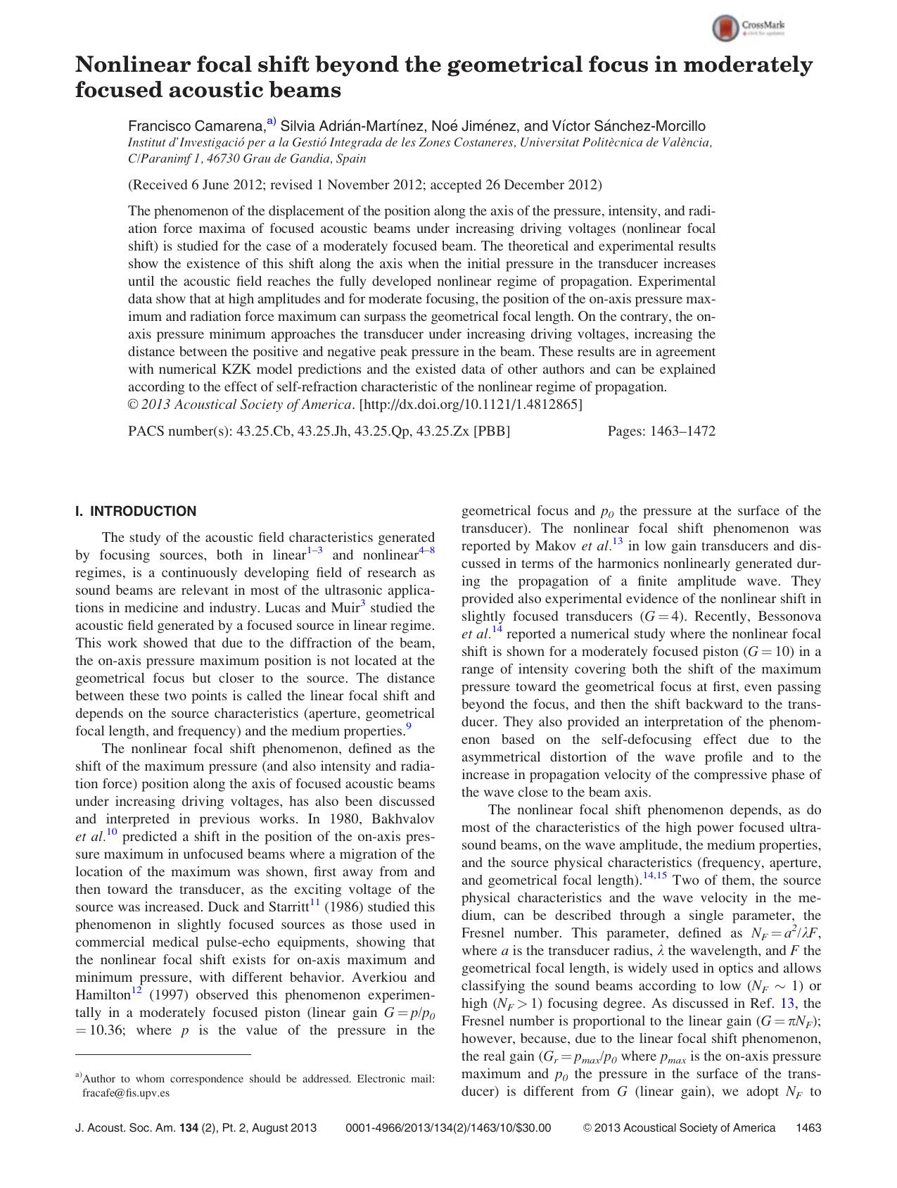 Nonlinear focal shift beyond the geometrical focus in moderately focused acoustic beams by unknow