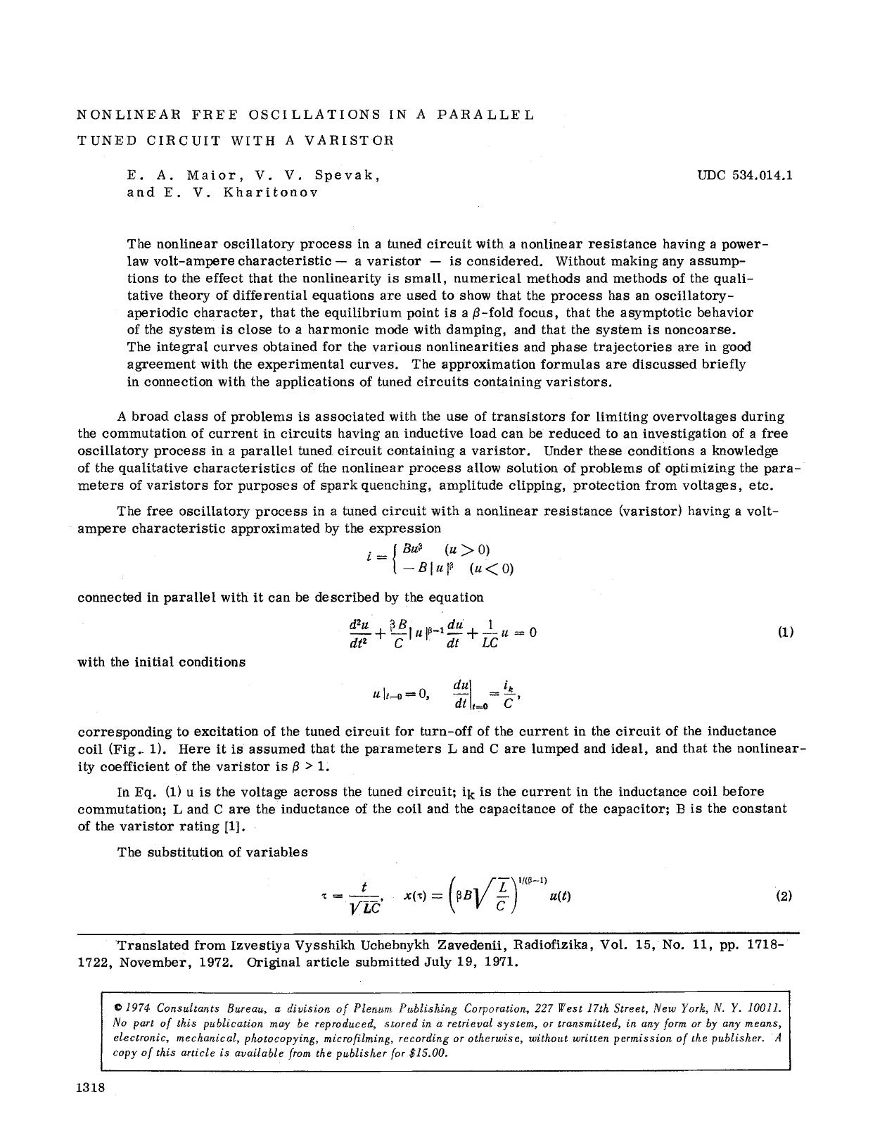 Nonlinear free oscillations in a parallel tuned circuit with a varistor by Unknown