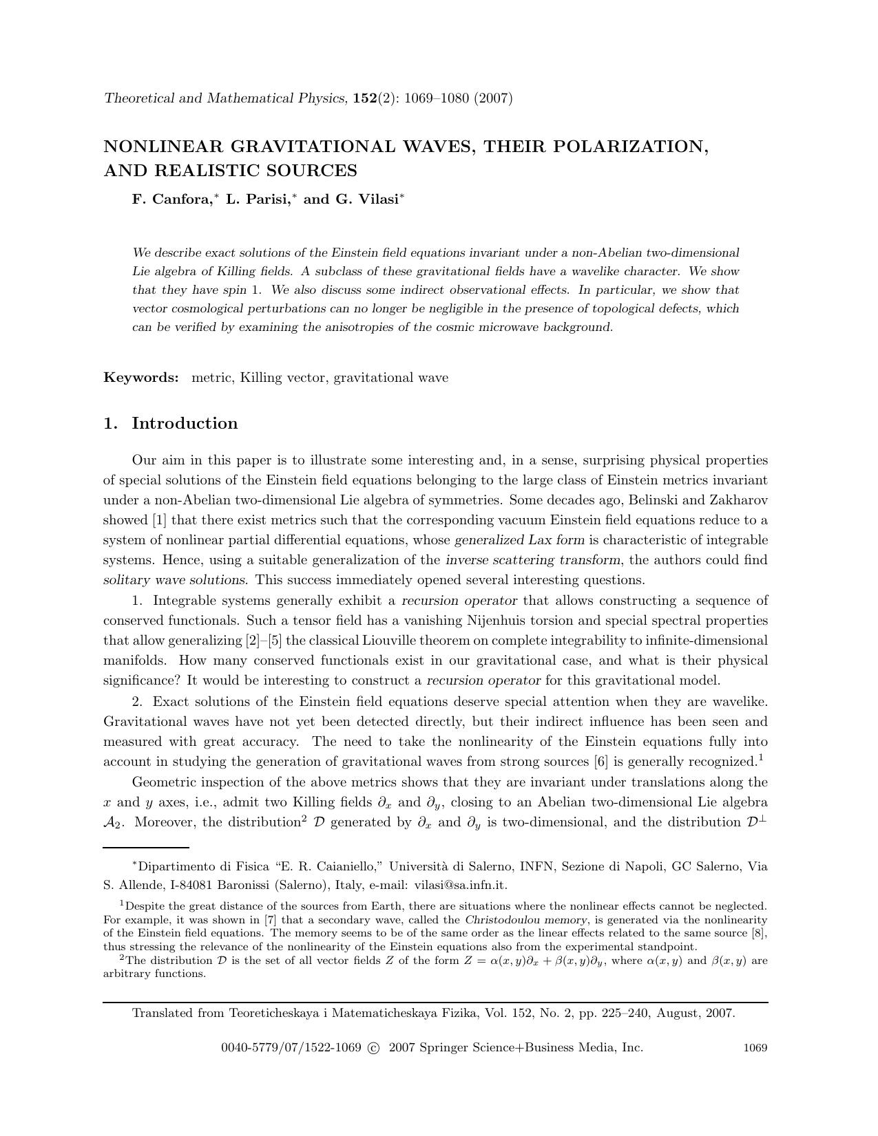 Nonlinear gravitational waves, their polarization, and realistic sources by Unknown