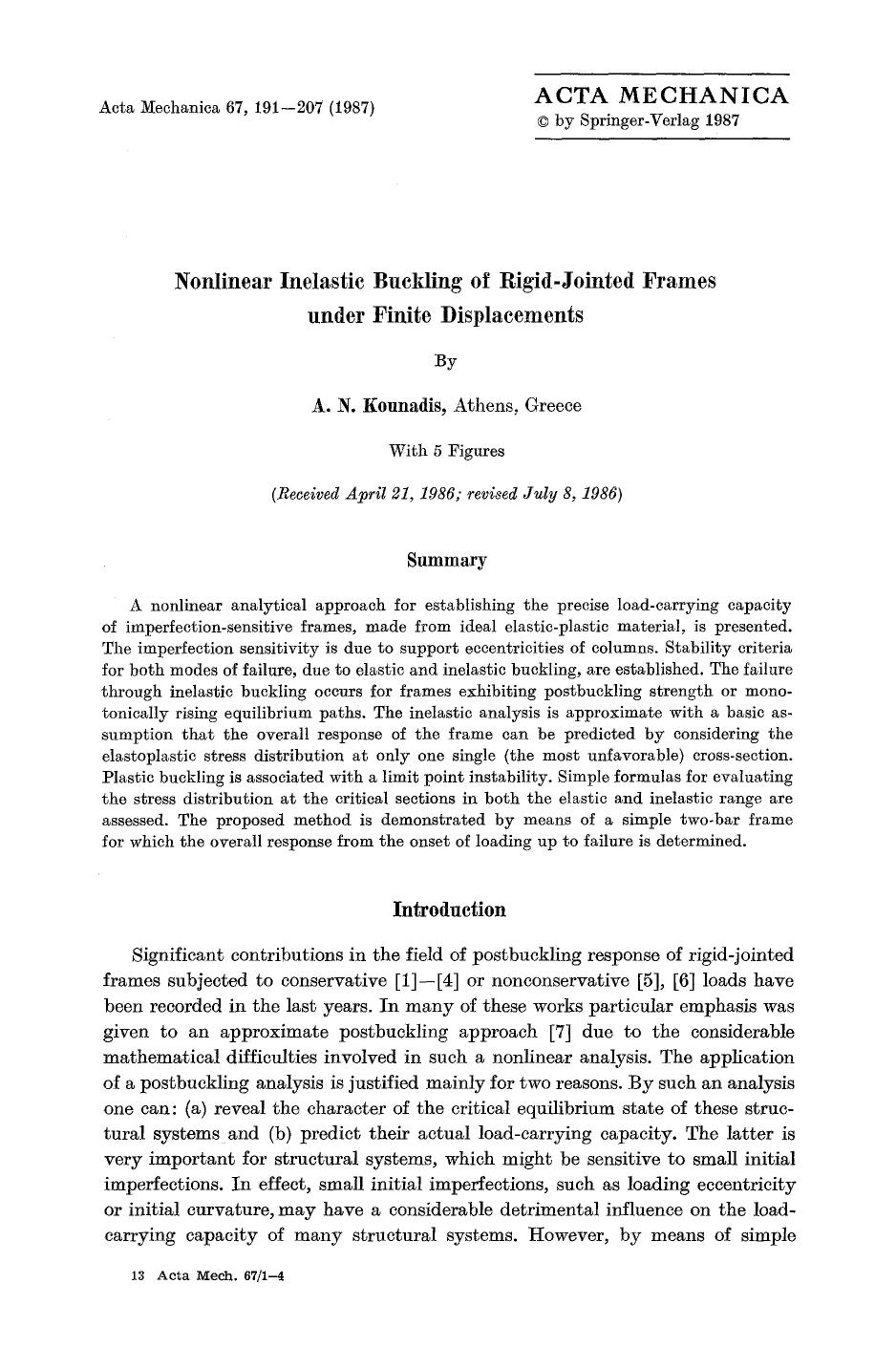 Nonlinear inelastic buckling of rigid-jointed frames under finite displacements by Unknown