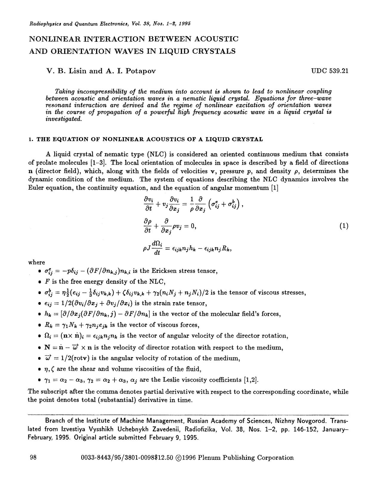 Nonlinear interaction between acoustic and orientation waves in liquid crystals by Unknown
