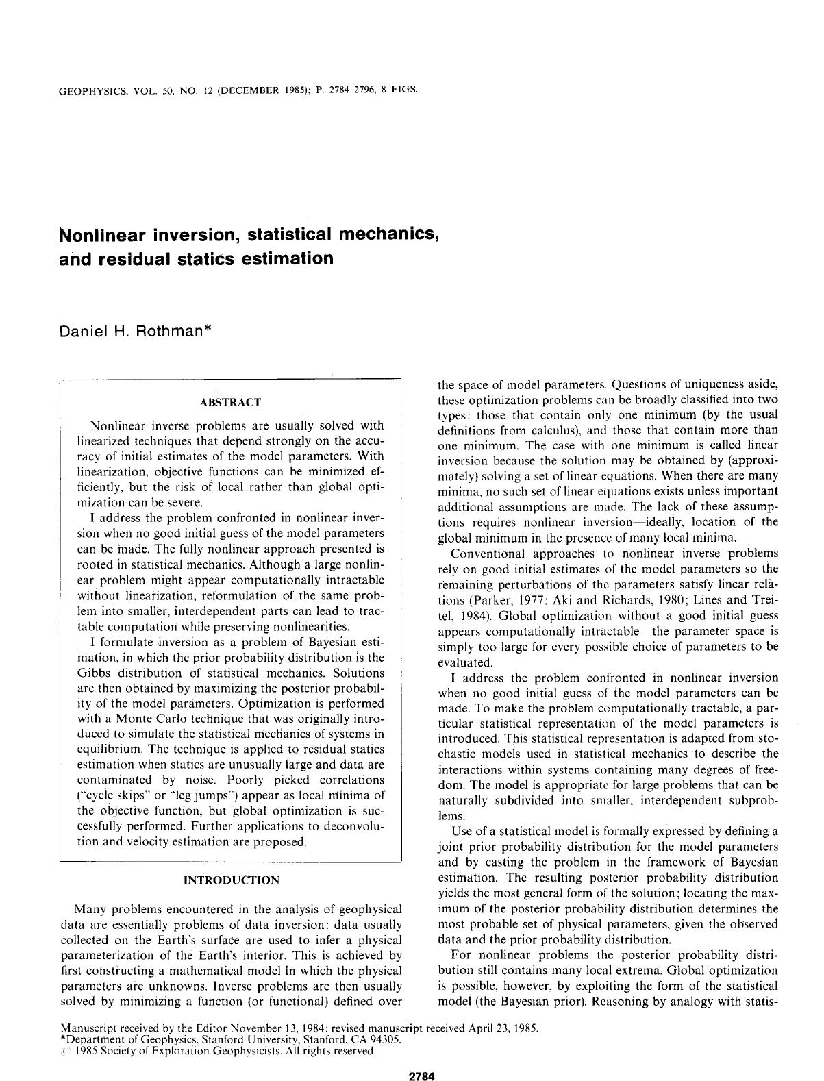 Nonlinear inversion, statistical mechanics, and residual statics estimation by Rothman D. H