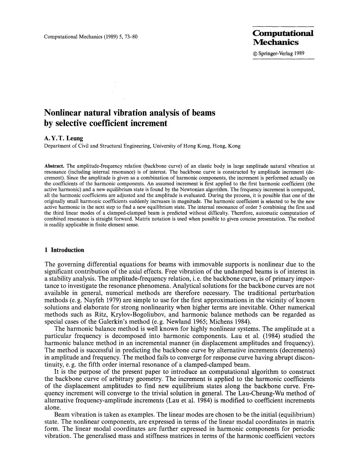 Nonlinear natural vibration analysis of beams by selective coefficient increment by Unknown