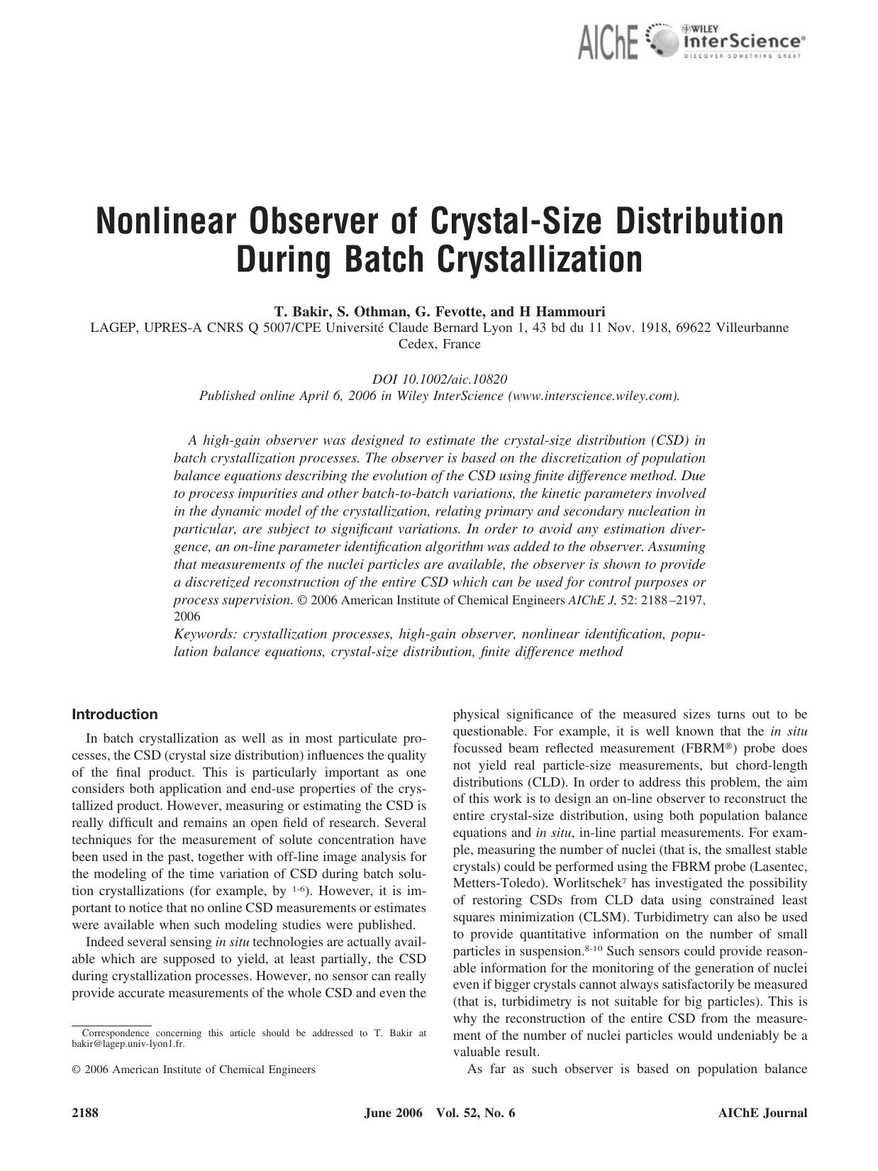 Nonlinear observer of crystal-size distribution during batch crystallization by Unknown