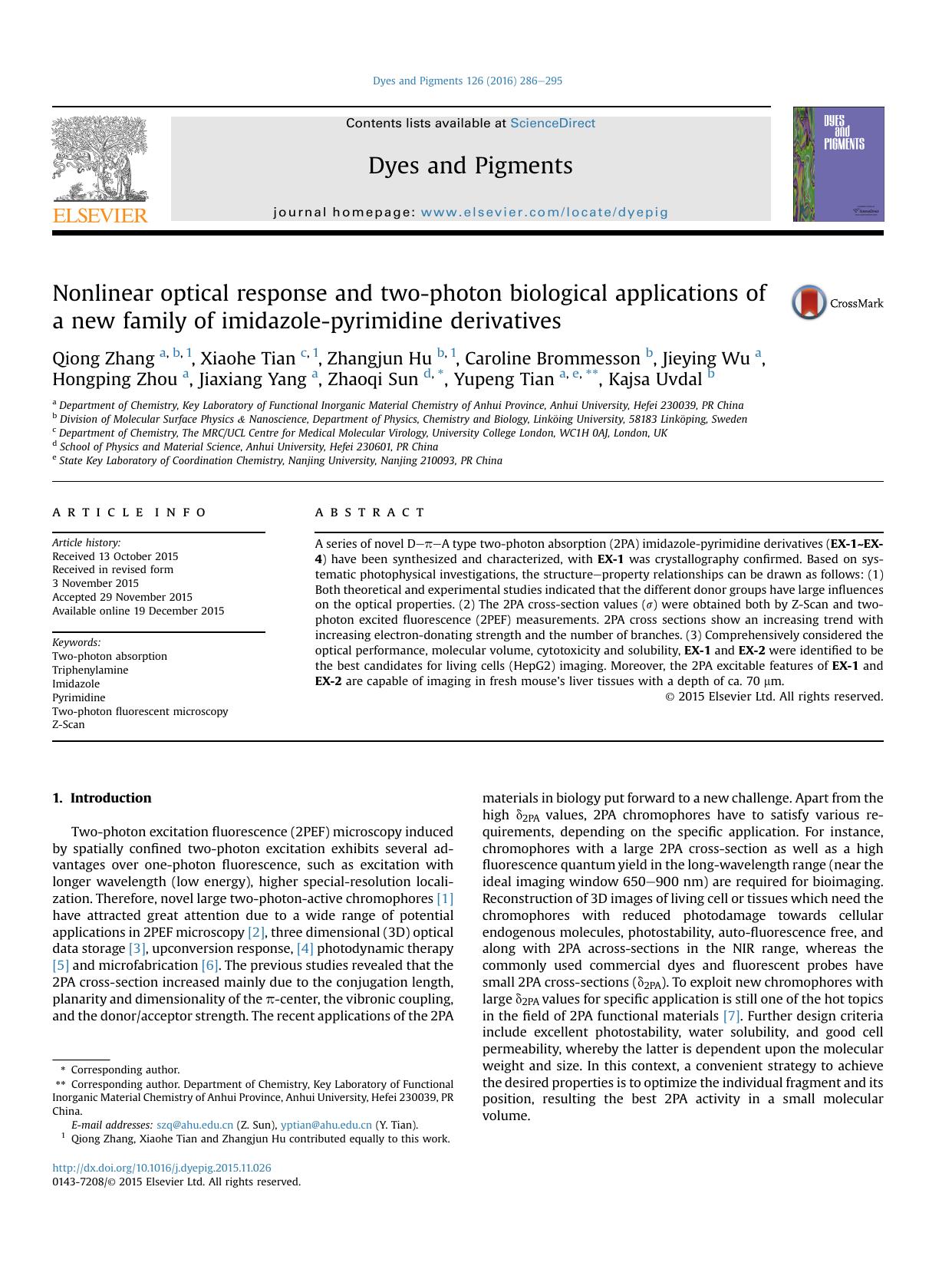 Nonlinear optical response and two-photon biological applications of a new family of imidazole-pyrimidine derivatives by unknow