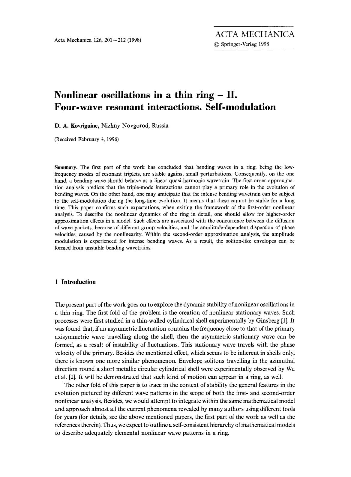 Nonlinear oscillations in a thin ring &#x2014; II. Four-wave resonant interactions. Self-modulation by Unknown