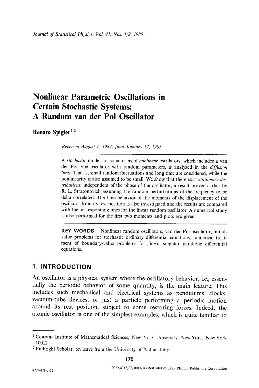 Nonlinear parametric oscillations in certain stochastic systems: A random van der Pol oscillator by Unknown