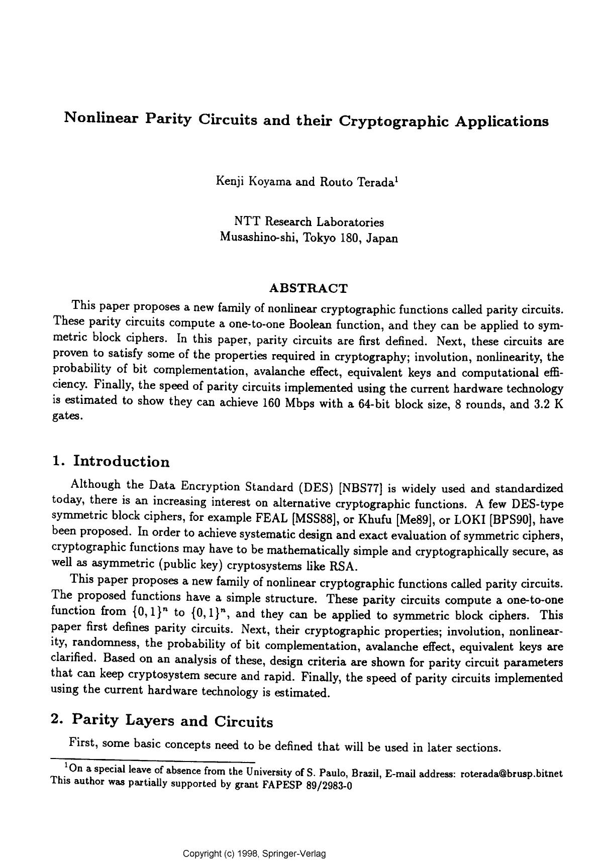 Nonlinear parity circuits and their cryptographic applications by Koyama K. & Terada R