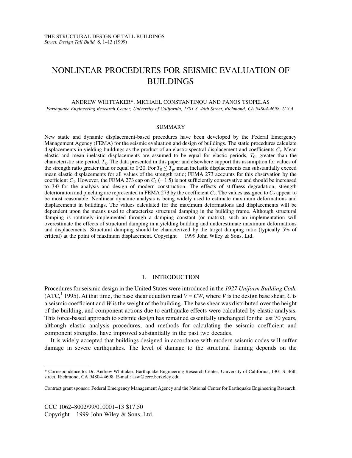 Nonlinear procedures for seismic evaluation of buildings by Unknown