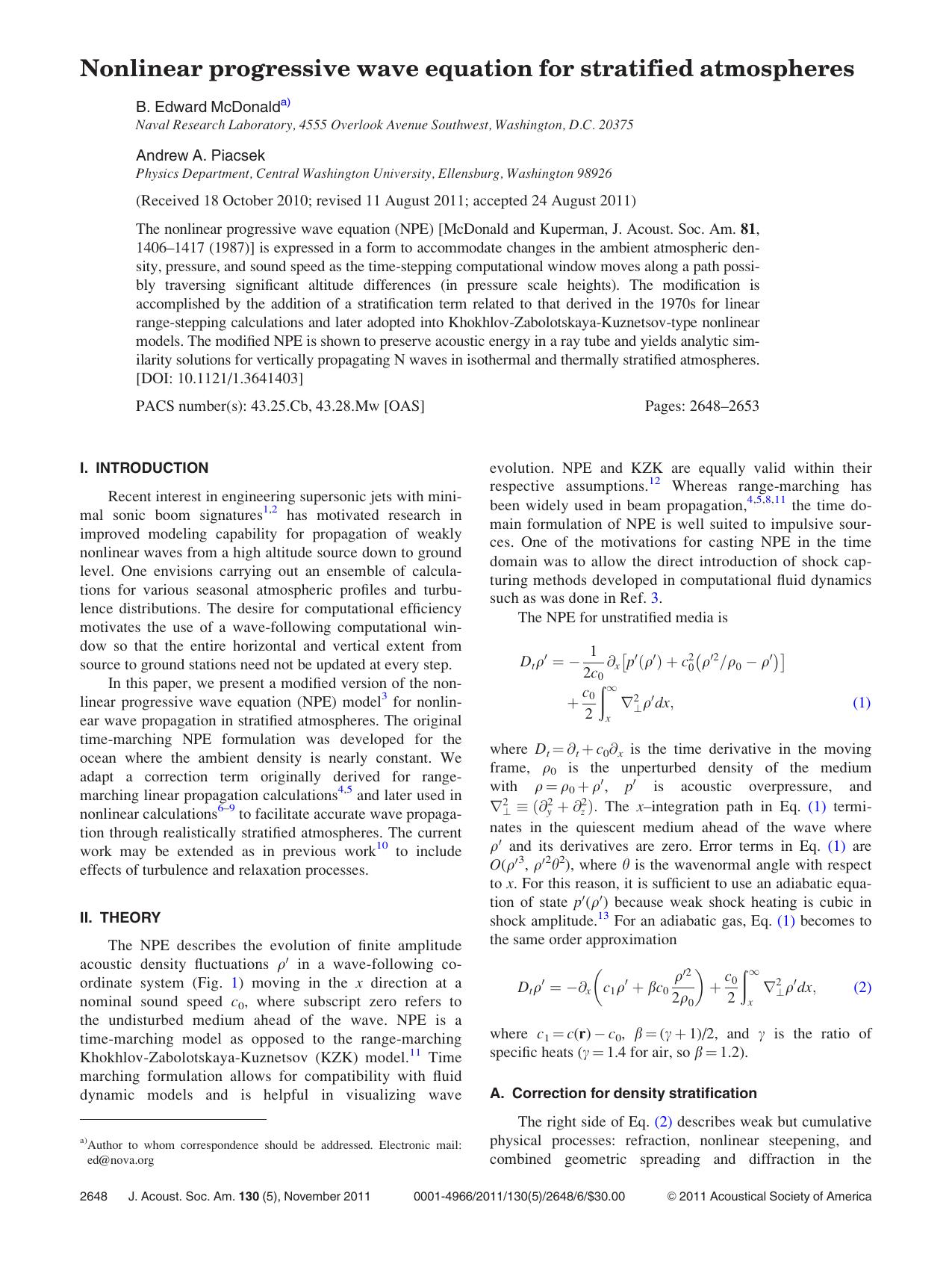 Nonlinear progressive wave equation for stratified atmospheres by B. Edward McDonald and Andrew A. Piacsek
