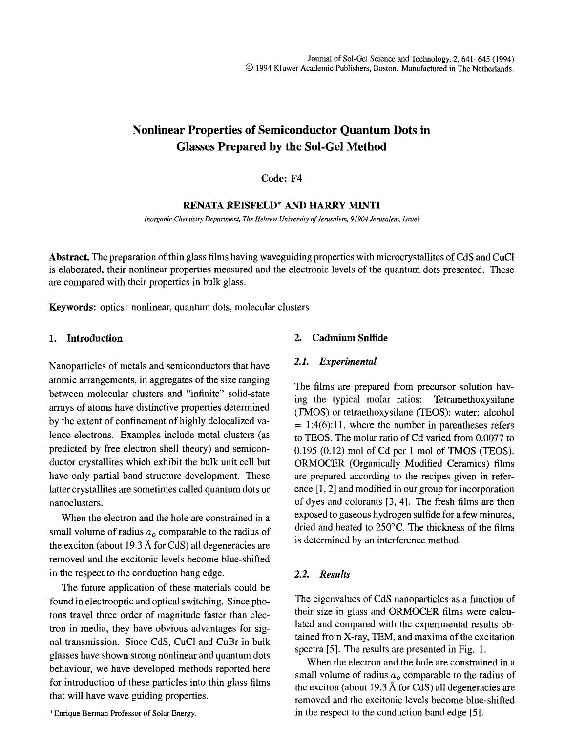 Nonlinear properties of semiconductor quantum dots in glasses prepared by the sol-gel method by Unknown