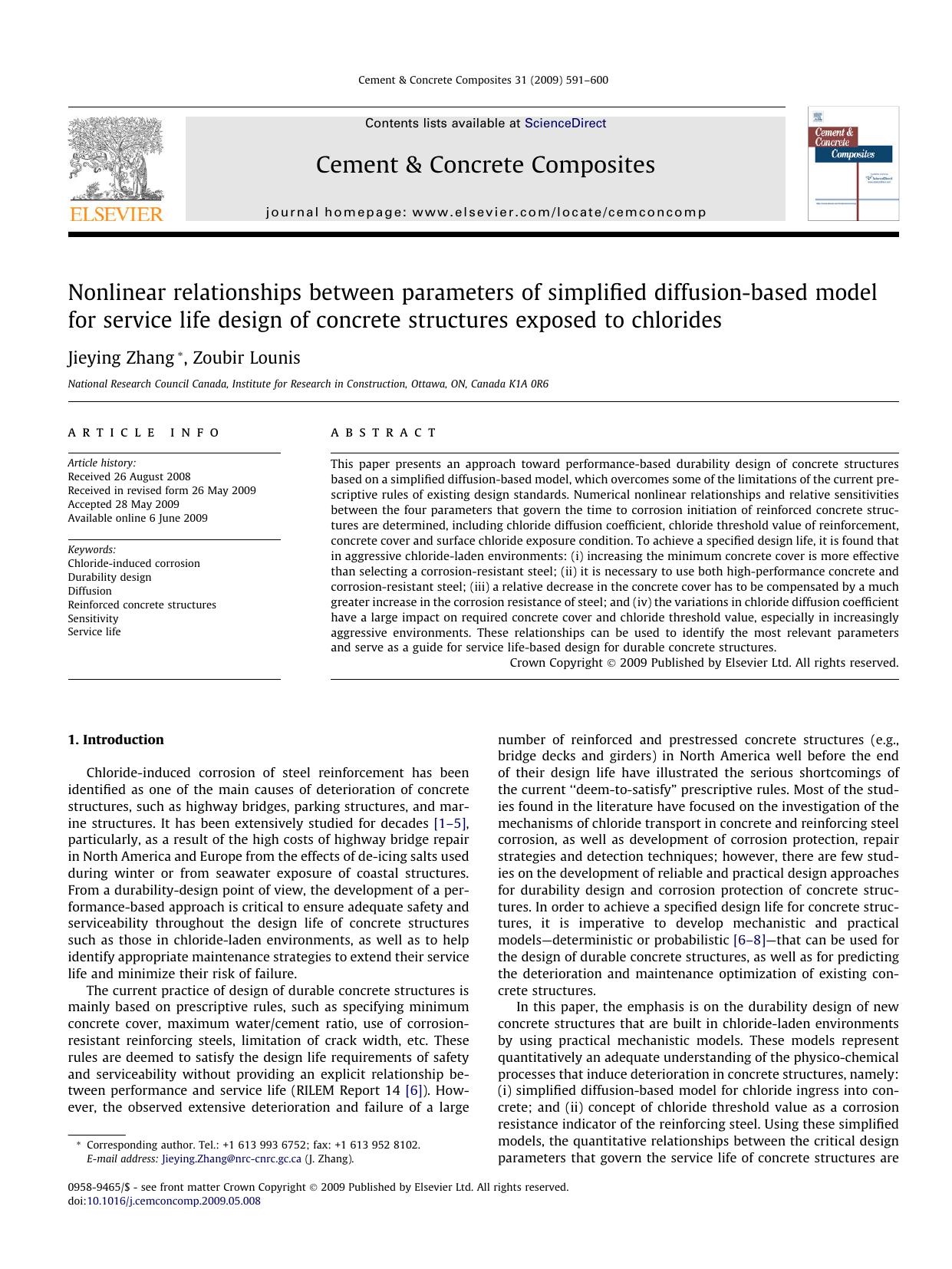 Nonlinear relationships between parameters of simplified diffusion-based model for service life design of concrete structures exposed to chlorides by Jieying Zhang; Zoubir Lounis