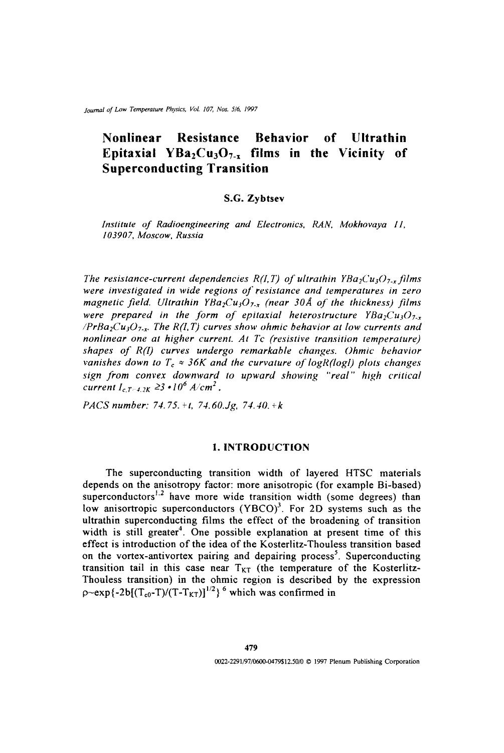 Nonlinear resistance behavior of ultrathin epitaxial YBa <Subscript>2 <Subscript>Cu <Subscript>3 <Subscript>O <Subscript>7−x <Subscript> films in the vicinity of superconducting transition by Unknown