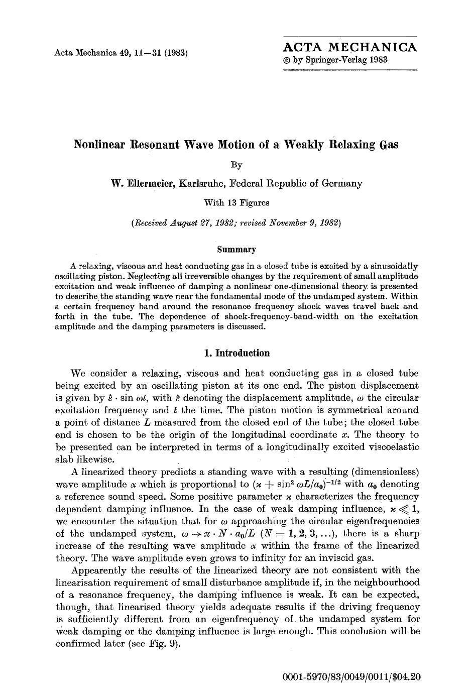 Nonlinear resonant wave motion of a weakly relaxing gas by Unknown