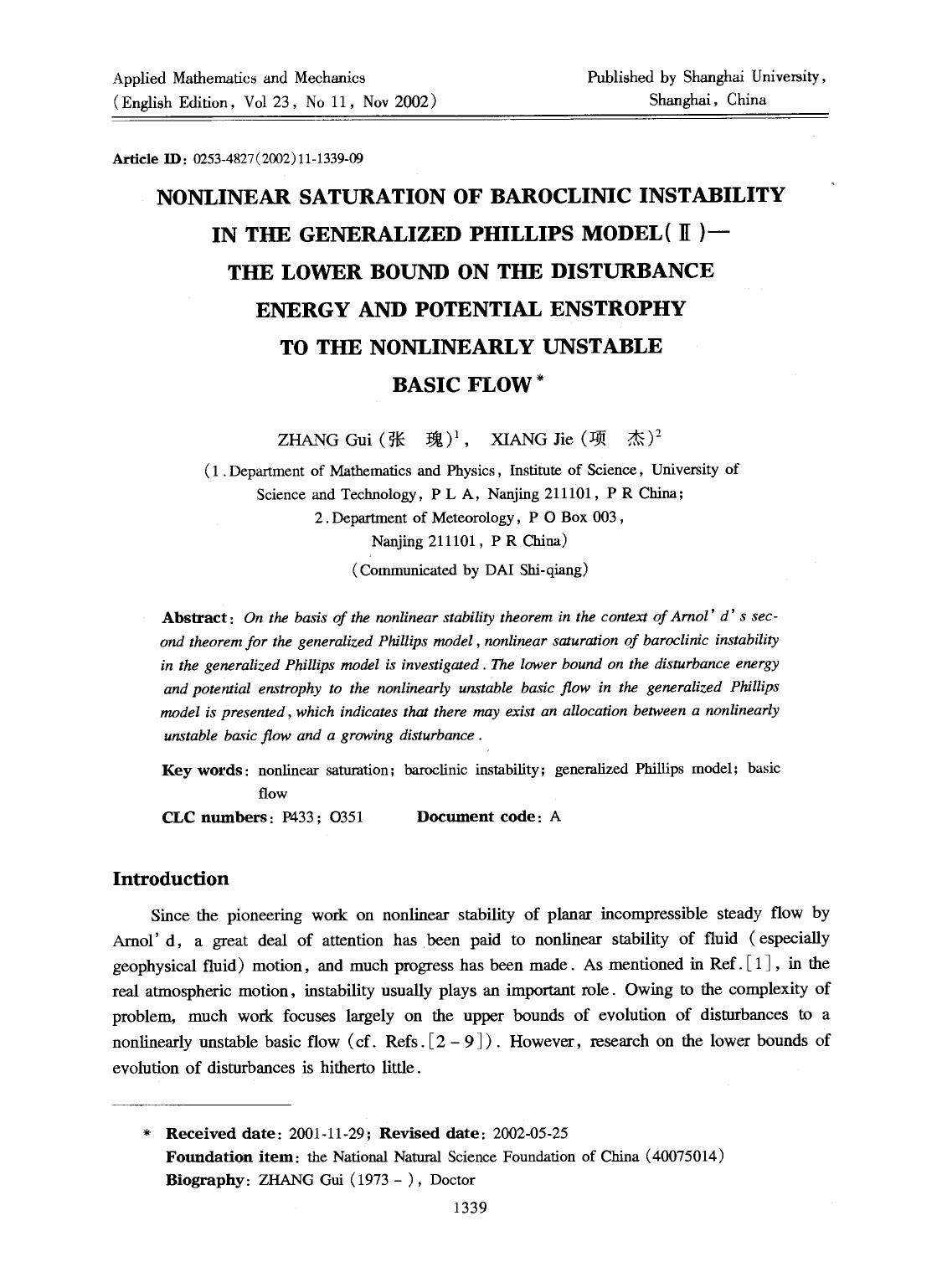 Nonlinear saturation of baroclinic instability in the generalized Phillips model (II)&#x2014;The lower bound on the disturbance energy and potential enstrophy to the nonlinearly unstable basic flow by Unknown