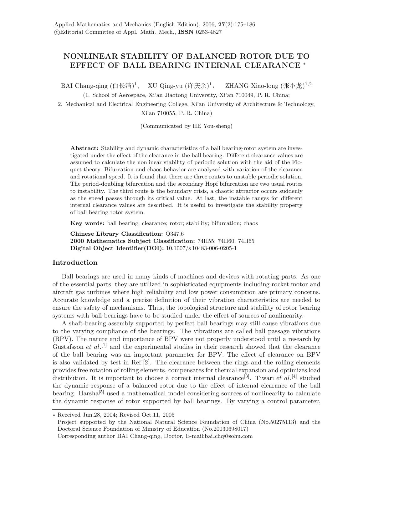 Nonlinear stability of balanced rotor due to effect of ball bearing internal clearance by Unknown