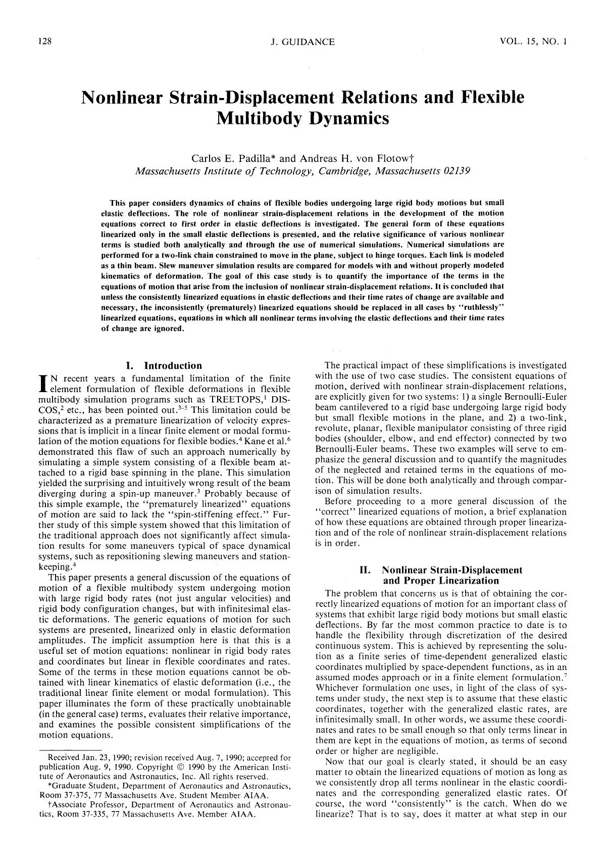 Nonlinear strain-displacement relations and flexible multibody dynamics by Unknown