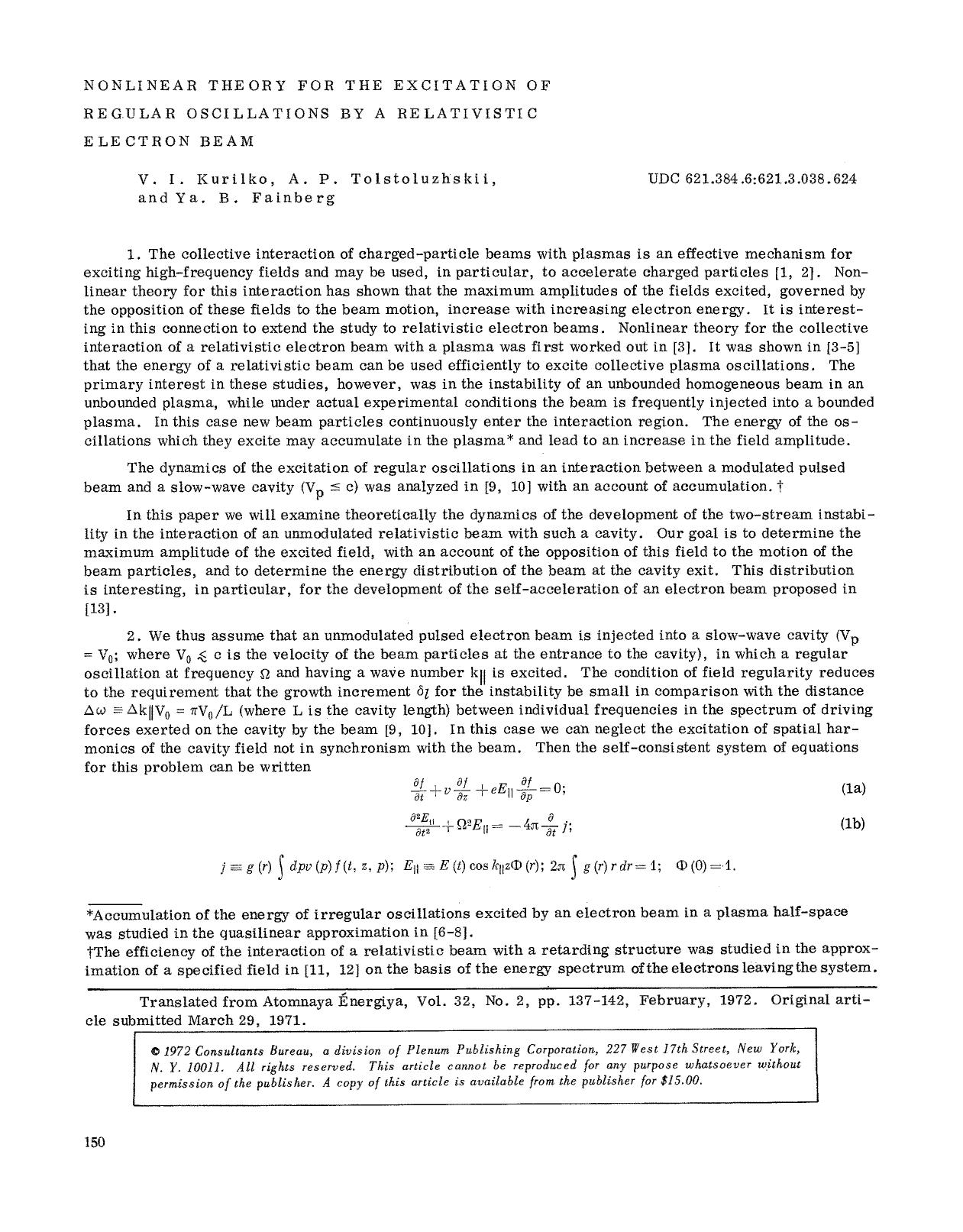 Nonlinear theory for the excitation of regular oscillations by a relativistic electron beam by Unknown