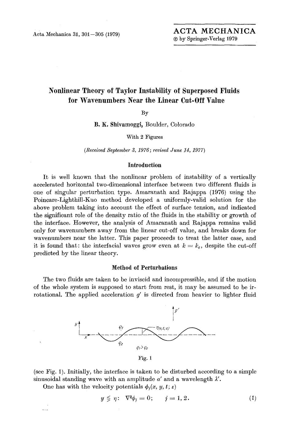 Nonlinear theory of taylor instability of superposed fluids for wavenumbers near the linear cut-off value by Unknown