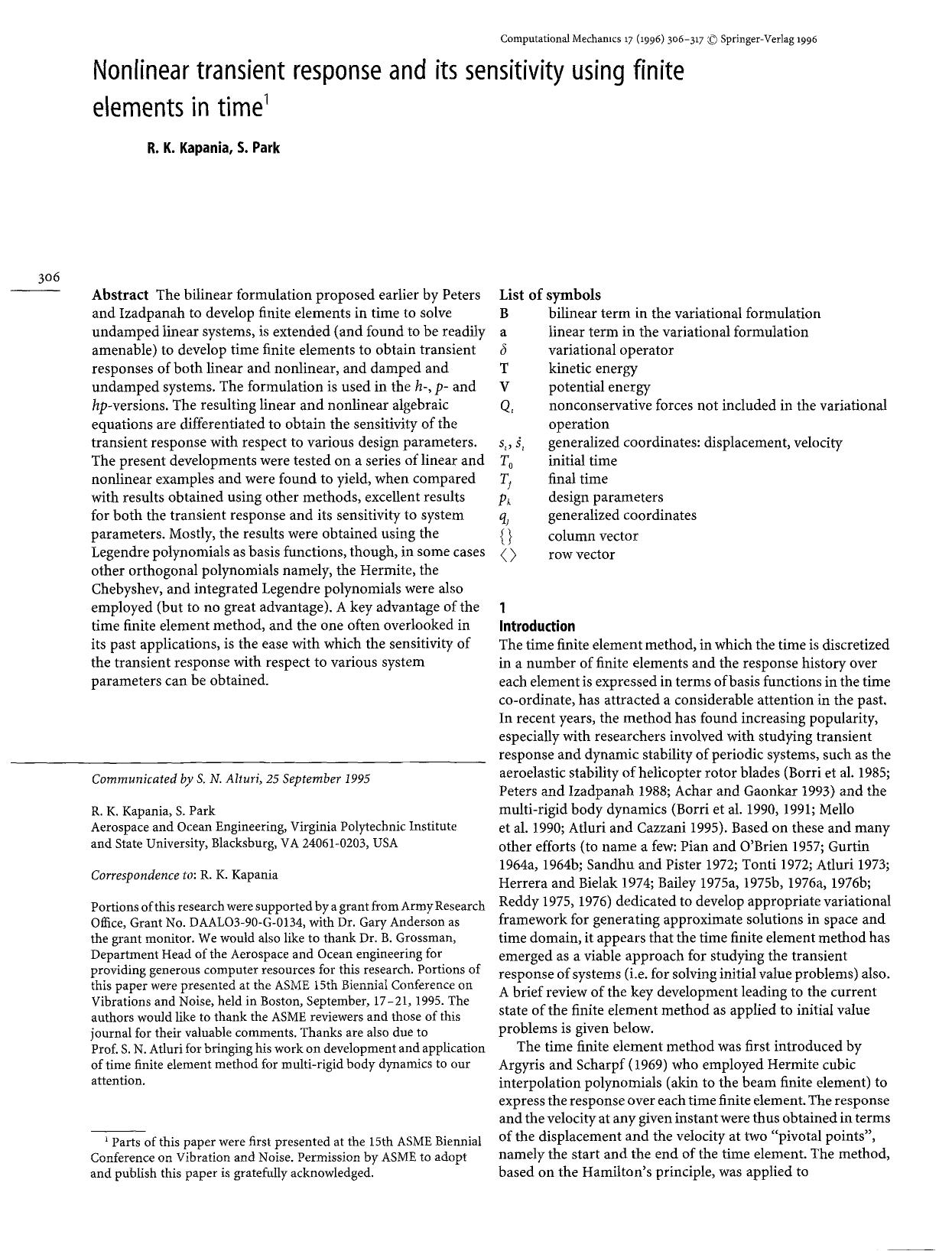 Nonlinear transient response and its sensitivity using finite elements in time by Unknown