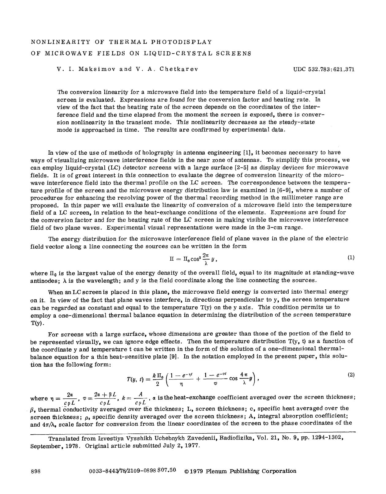 Nonlinearity of thermal photodisplay of microwave fields on liquid-crystal screens by Unknown