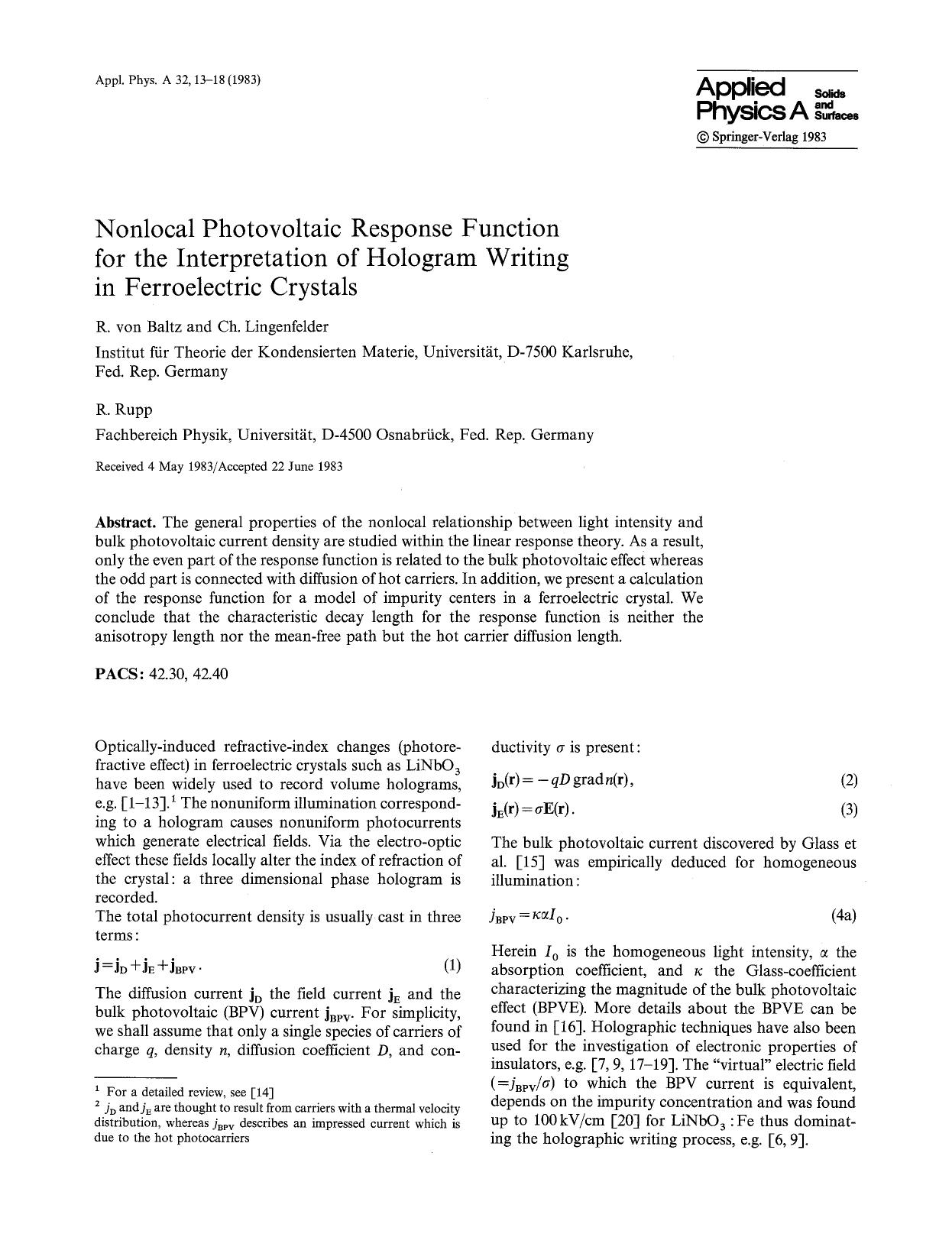 Nonlocal photovoltaic response function for the interpretation of hologram writing in ferroelectric crystals by Unknown