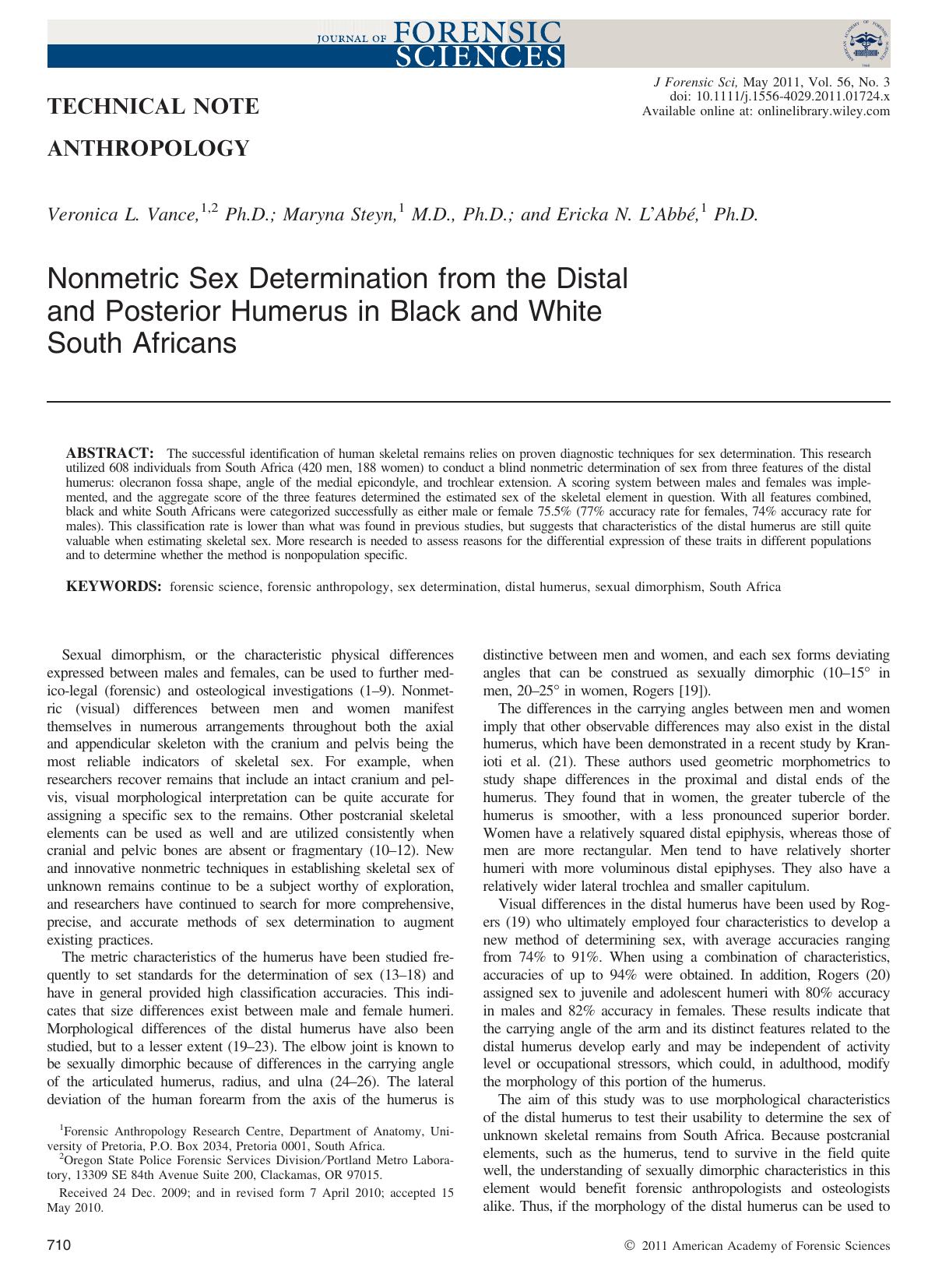 Nonmetric Sex Determination from the Distal and Posterior Humerus in Black and White South Africans by Unknown