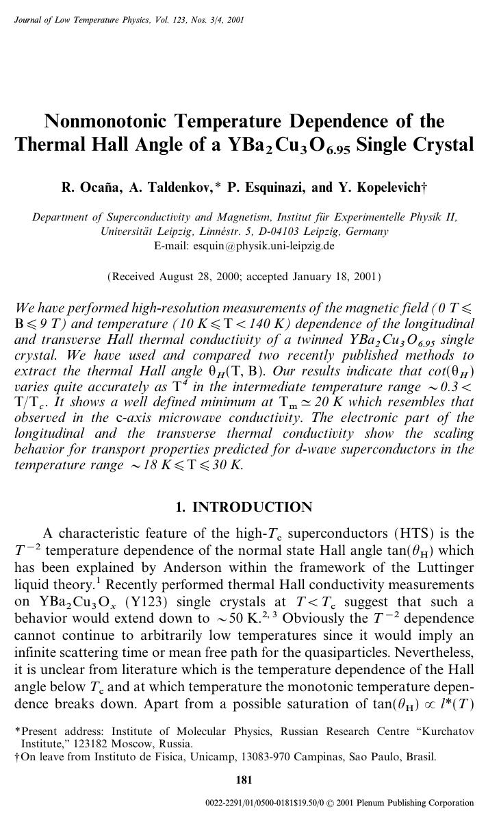 Nonmonotonic Temperature Dependence of the Thermal Hall Angle of a YBa2Cu3O6.95 Single Crystal by Unknown