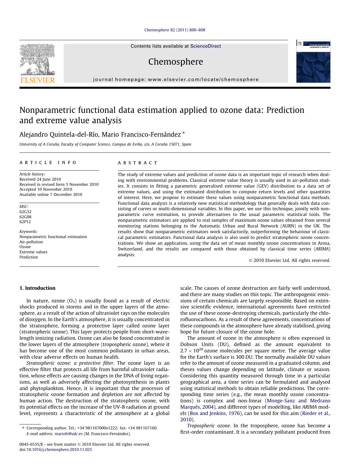 Nonparametric functional data estimation applied to ozone data: Prediction and extreme value analysis by Alejandro Quintela-del-RÄ±Ì•o & Mario Francisco-Fernández