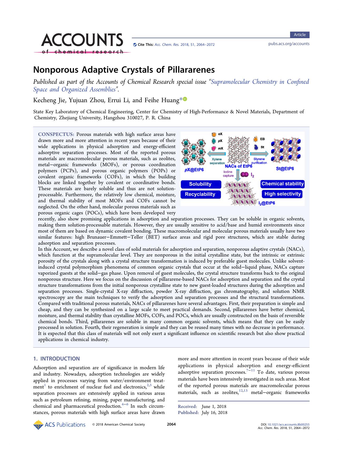 Nonporous Adaptive Crystals of Pillararenes by Kecheng Jie; Yujuan Zhou; Errui Li; Feihe Huang & Yujuan Zhou & Errui Li & Feihe Huang
