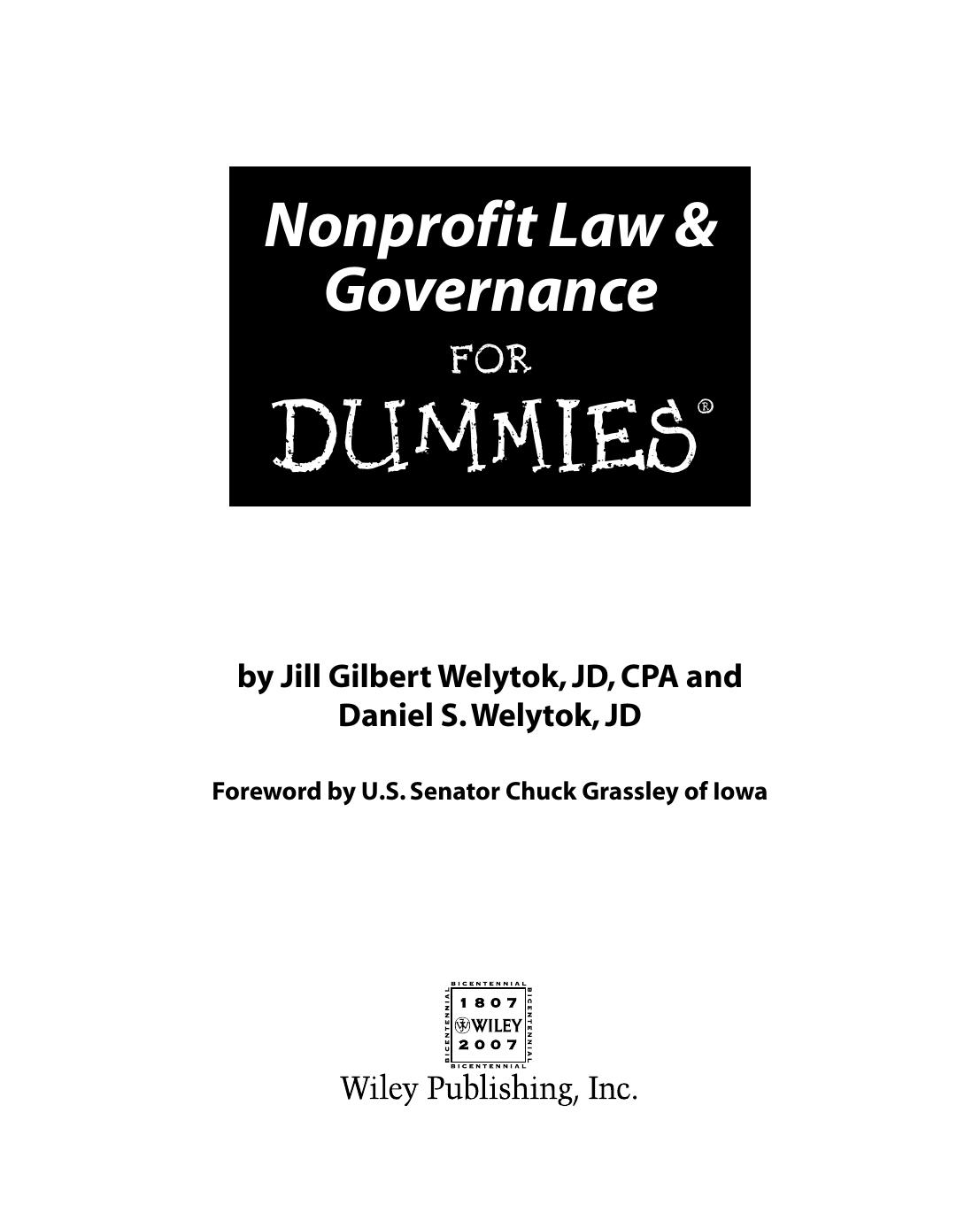 Nonprofit Law & Governance for DUMmIES by Unknown