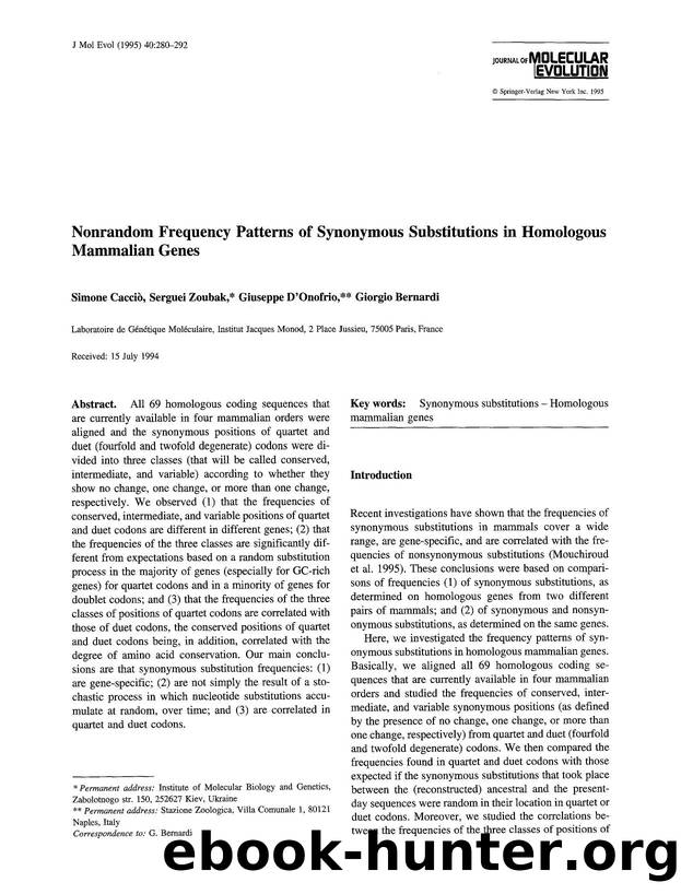 Nonrandom frequency patterns of synonymous substitutions in homologous mammalian genes by Unknown