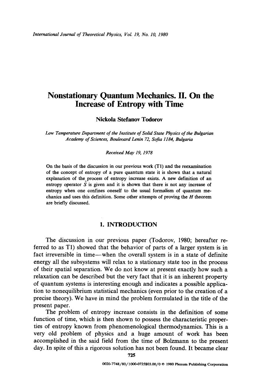 Nonstationary quantum mechanics. II. On the increase of entropy with time by Unknown
