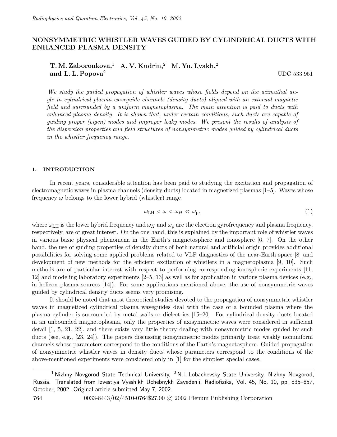 Nonsymmetric Whistler Waves Guided by Cylindrical Ducts with Enhanced Plasma Density by Unknown