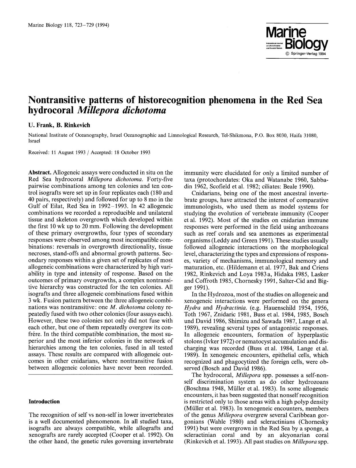 Nontransitive patterns of historecognition phenomena in the Red Sea hydrocoral <Emphasis Type="Italic">Millepora dichotoma<Emphasis> by Unknown