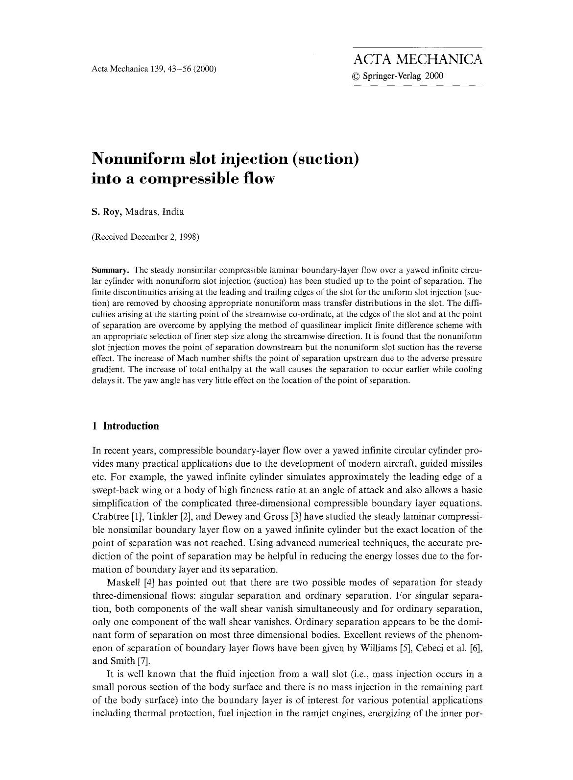 Nonuniform slot injection (suction) into a compressible flow by Unknown