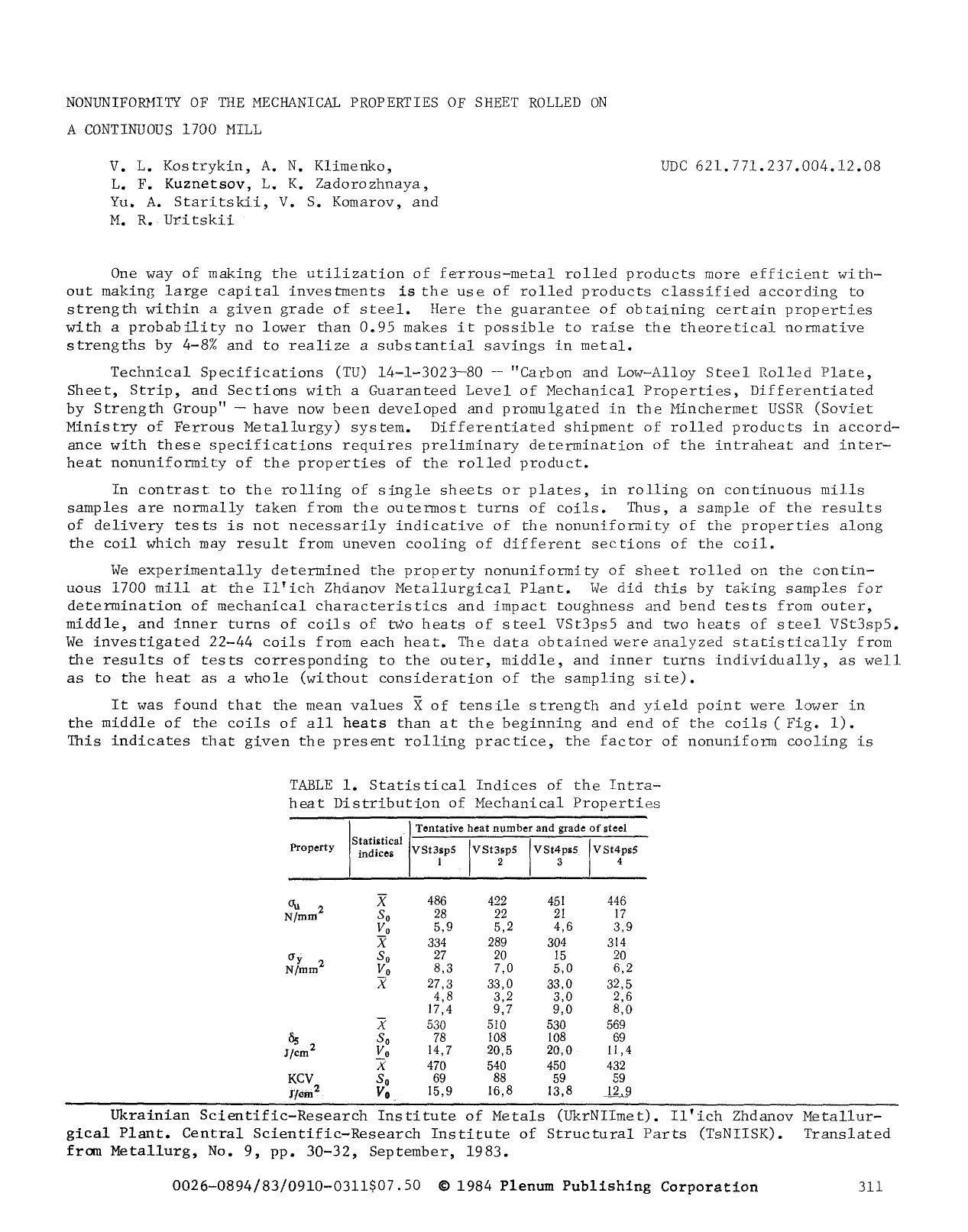 Nonuniformity of the mechanical properties of sheet rolled on a continuous 1700 mill by Unknown