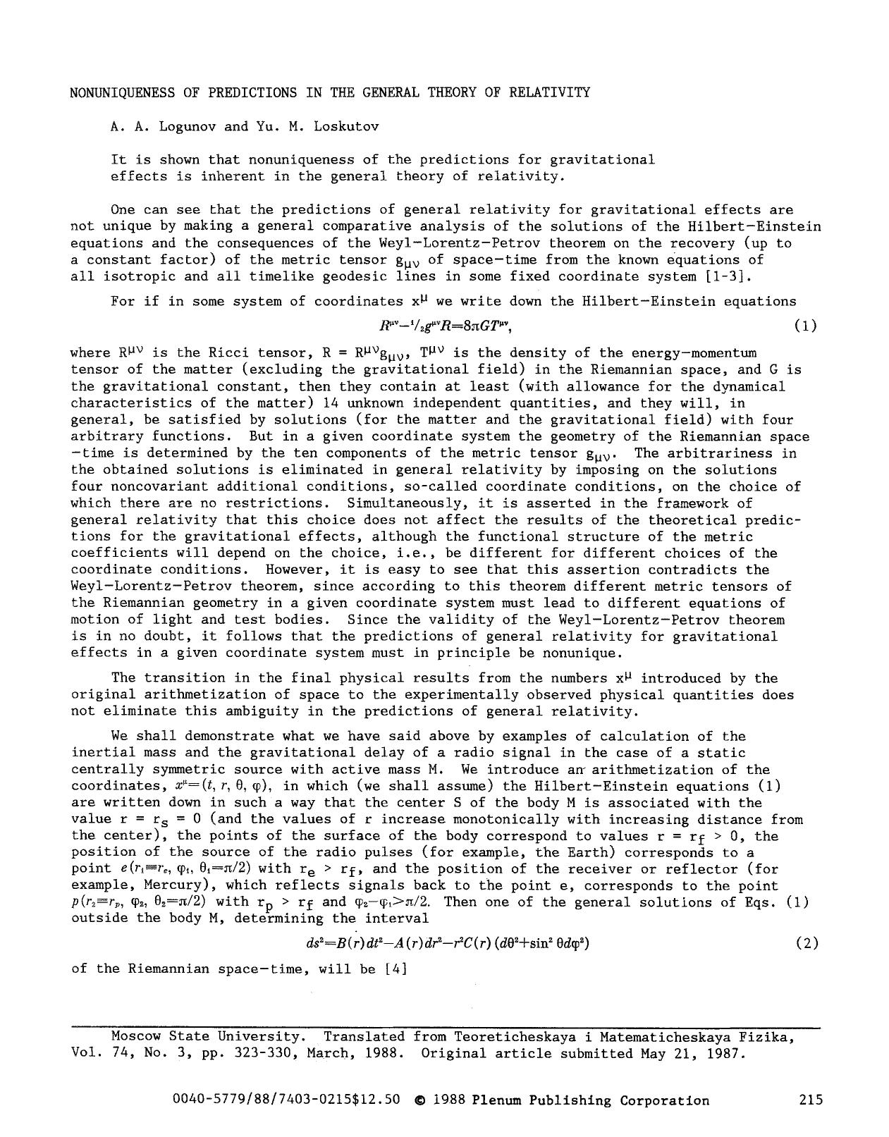 Nonuniqueness of predictions in the general theory of relativity by Unknown