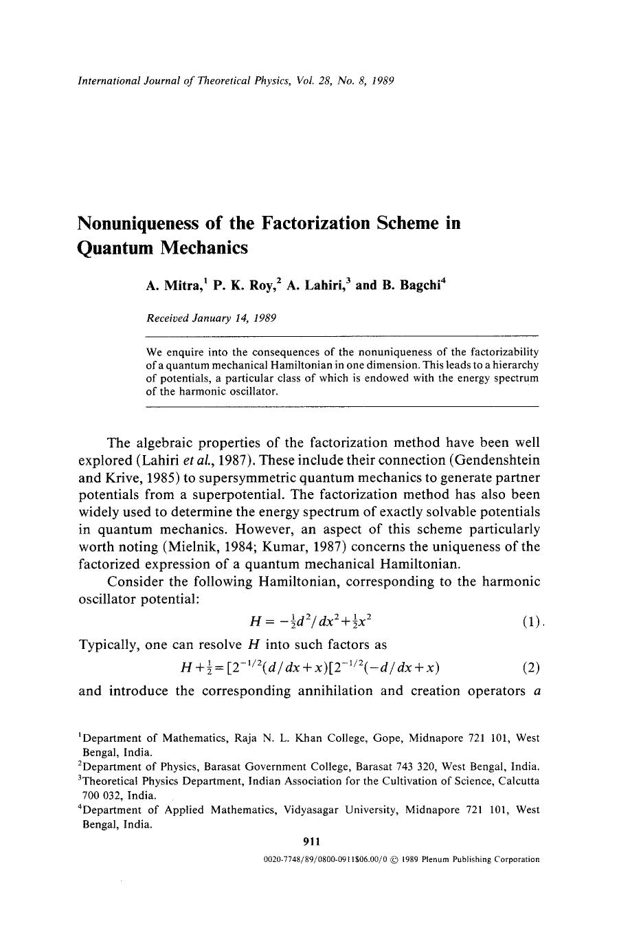 Nonuniqueness of the factorization scheme in quantum mechanics by Unknown