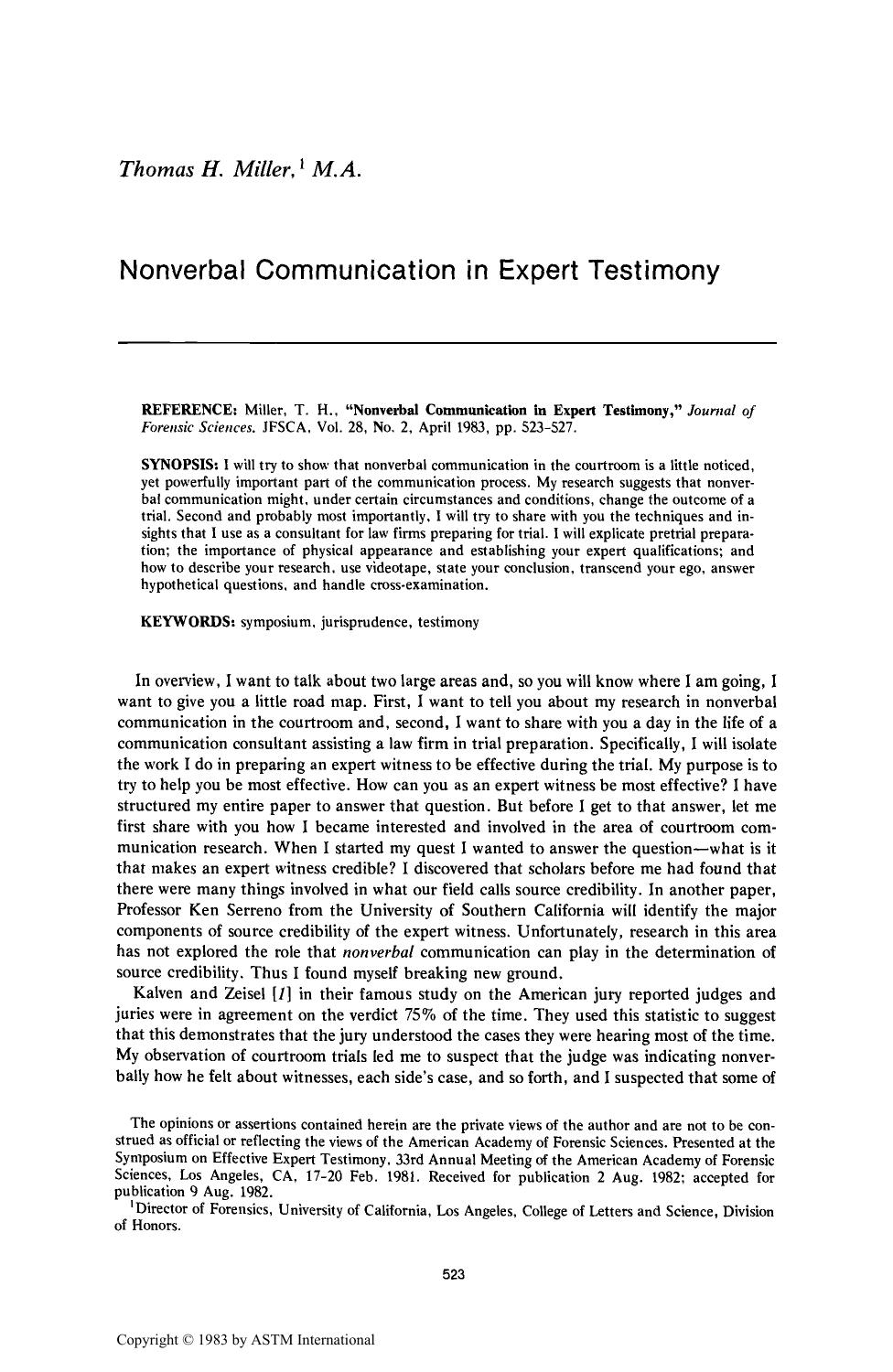 Nonverbal Communication in Expert Testimony by Miller TH