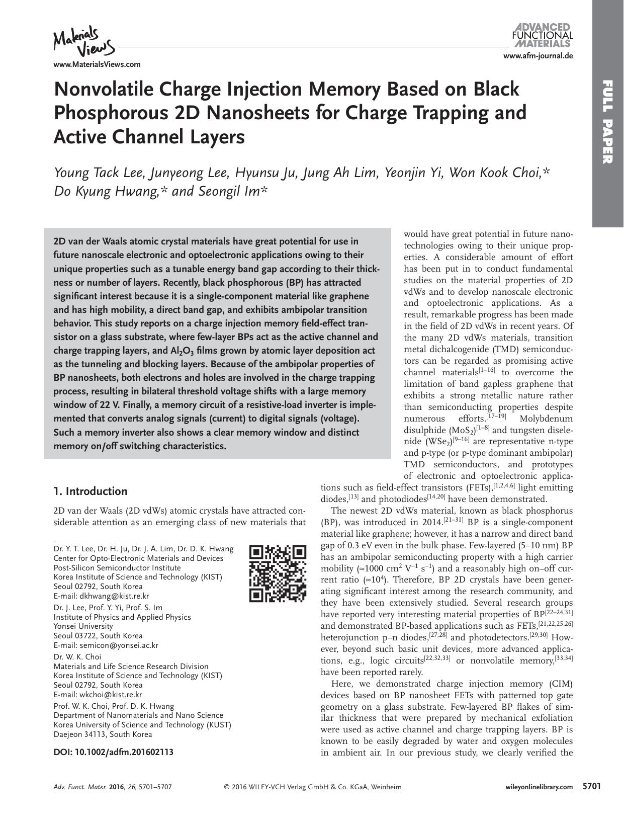 Nonvolatile Charge Injection Memory Based on Black Phosphorous 2D Nanosheets for Charge Trapping and Active Channel Layers by Unknown