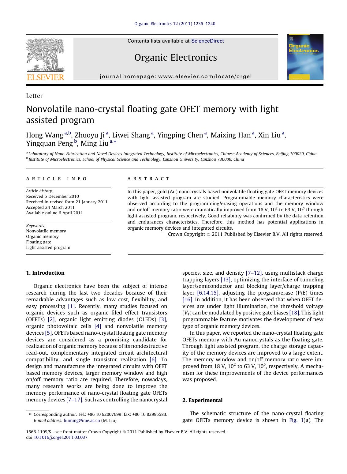 Nonvolatile nano-crystal floating gate OFET memory with light assisted program by unknow