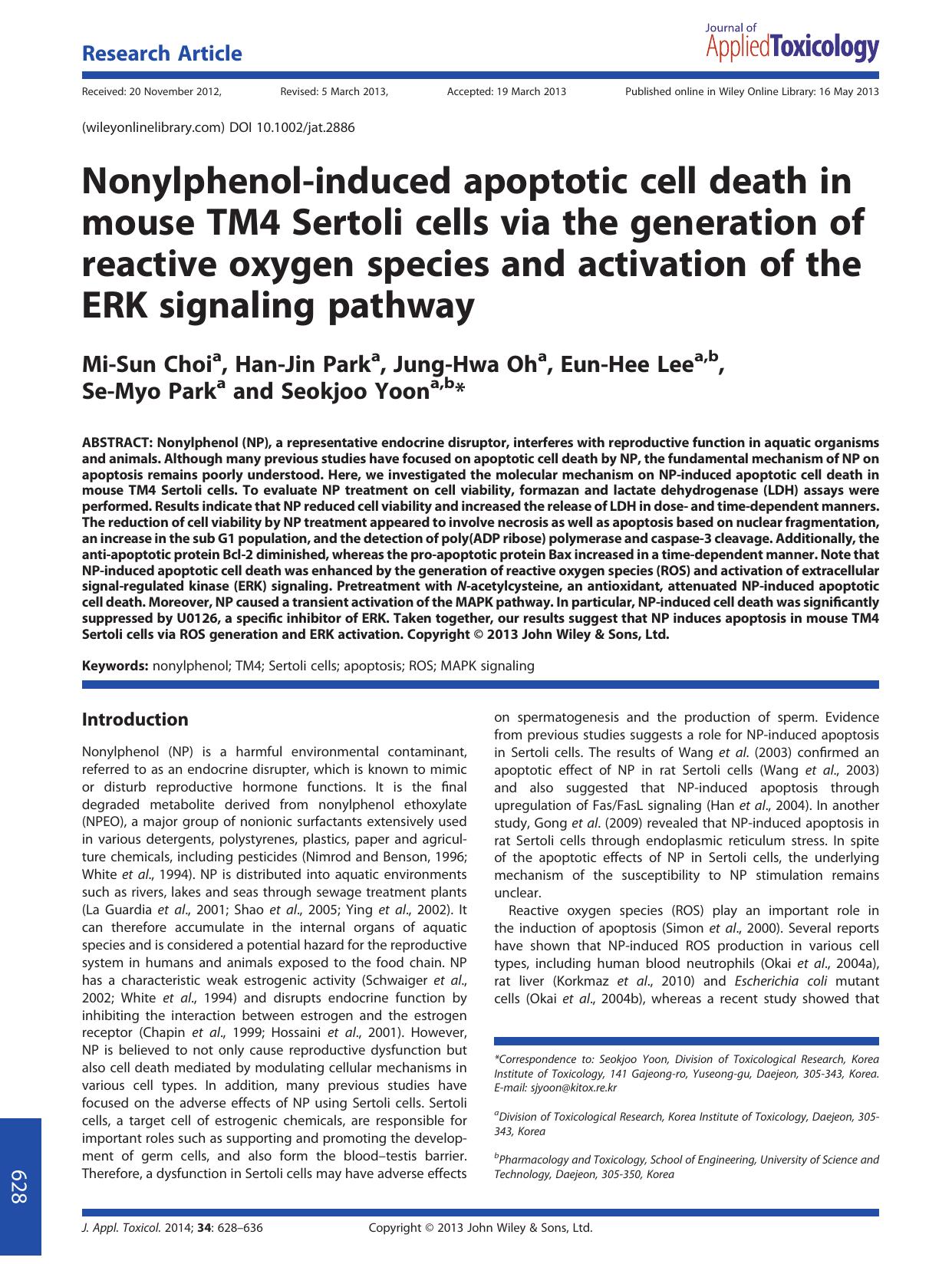 Nonylphenolinduced apoptotic cell death in mouse TM4 Sertoli cells via the generation of reactive oxygen species and activation of the ERK signaling pathway by Unknown