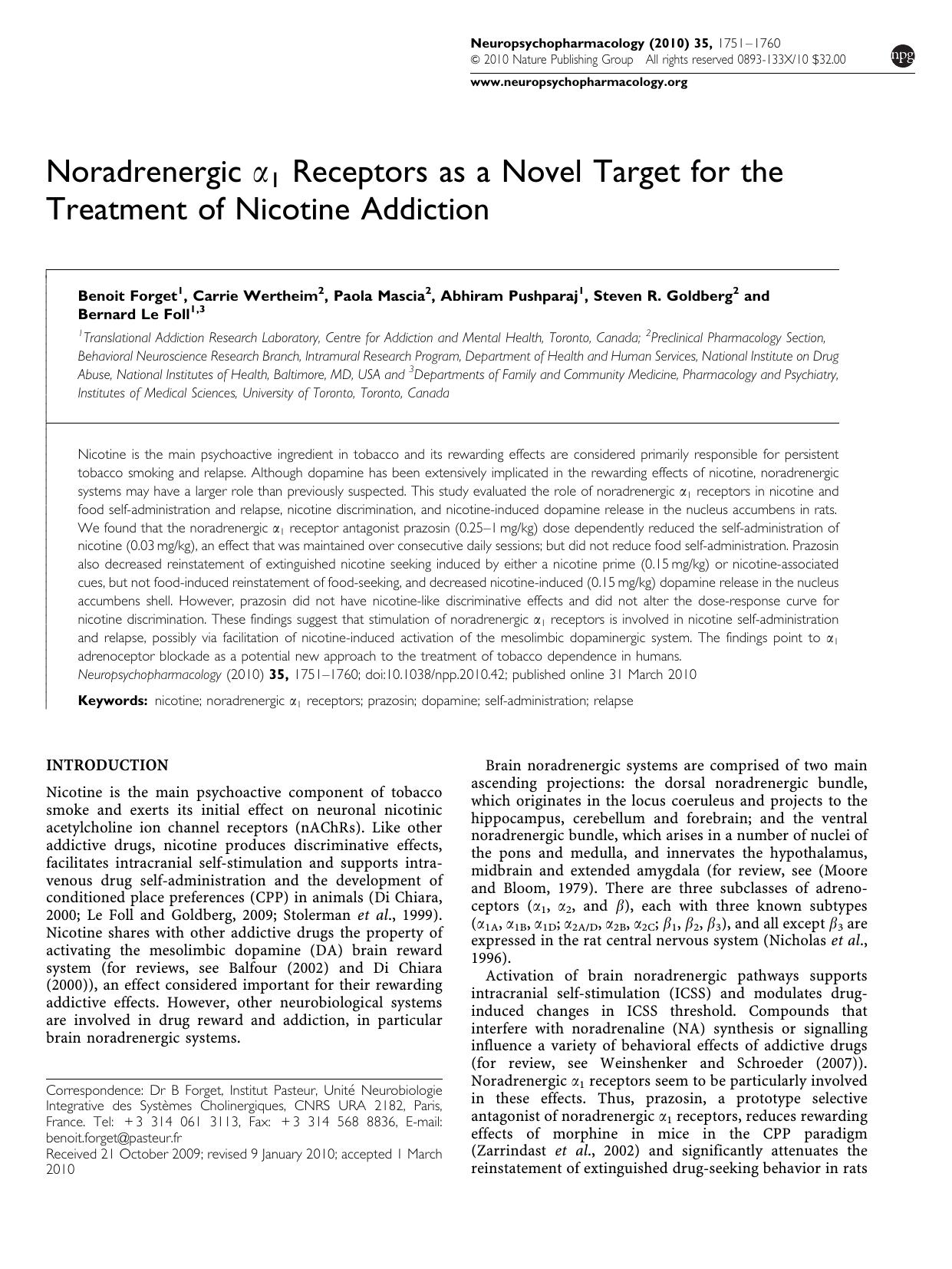 Noradrenergic &alpha;1 Receptors as a Novel Target for the Treatment of Nicotine Addiction by unknow