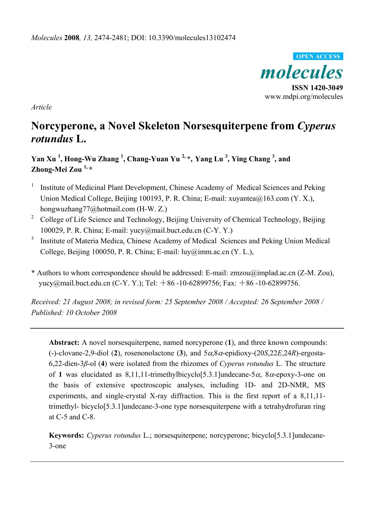 Norcyperone, a Novel Skeleton Norsesquiterpene from Cyperus rotundus L. by Yan Xu & Hong-Wu Zhang & Chang-Yuan Yu & Yang Lu & Ying Chang & Zhong-Mei Zou